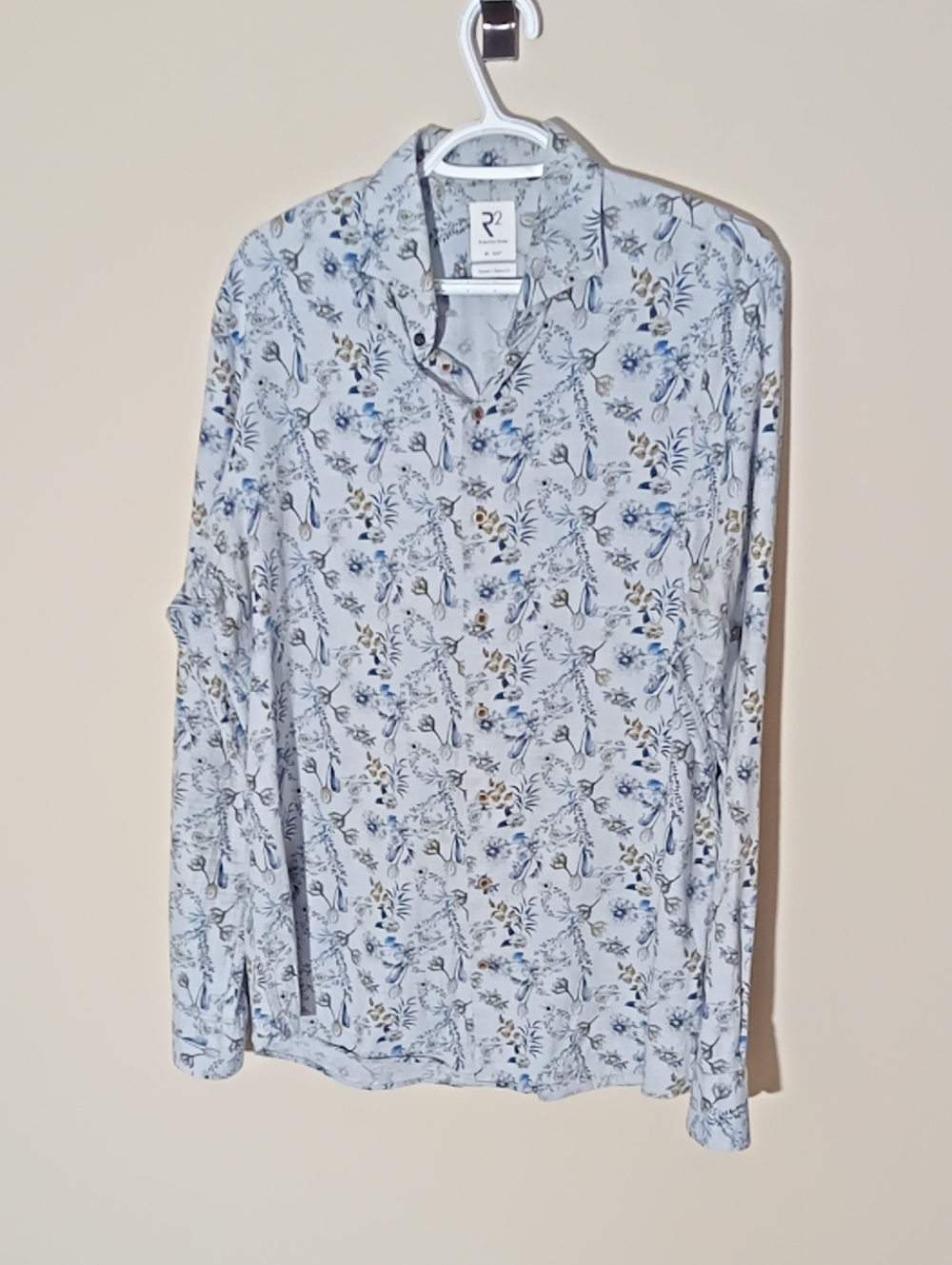 R2 Amsterdam Blue Floral Print Long Sleeve Shirt - Size 42 (16.5") PTP 25" L 29"